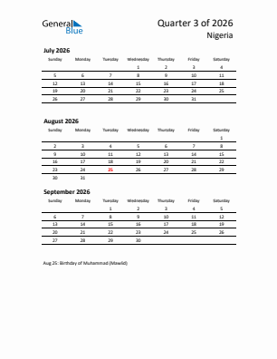 Nigeria Quarter 3  2026 calendar template