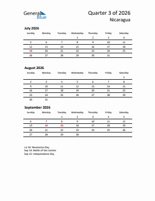 Nicaragua Quarter 3  2026 calendar template