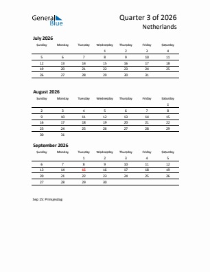 The Netherlands Quarter 3  2026 calendar template