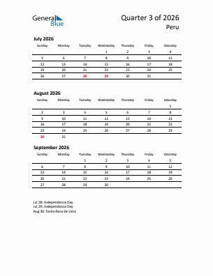 Peru Quarter 3  2026 calendar template