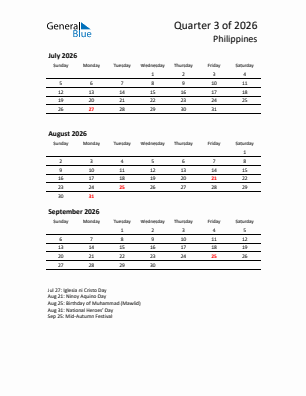 Philippines Quarter 3  2026 calendar template
