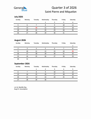 Saint Pierre and Miquelon Quarter 3  2026 calendar template
