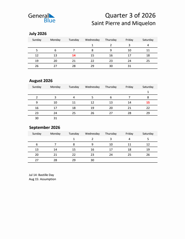 2026 Q3 Three-Month Calendar for Saint Pierre and Miquelon