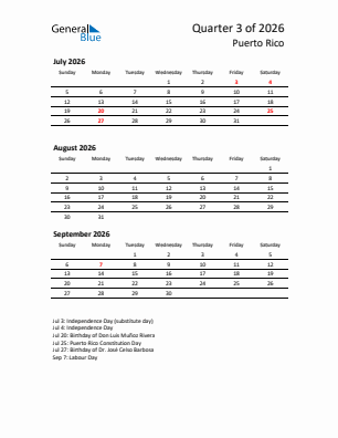 Puerto Rico Quarter 3  2026 calendar template