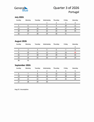 Portugal Quarter 3  2026 calendar template