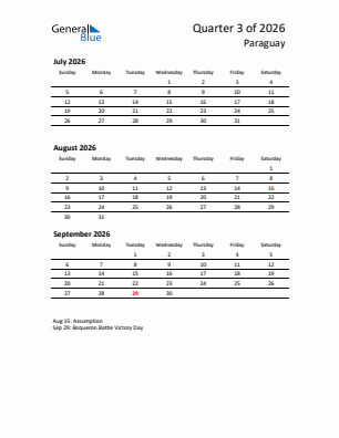 Paraguay Quarter 3  2026 calendar template