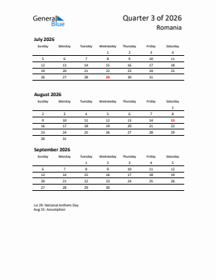 Romania Quarter 3  2026 calendar template