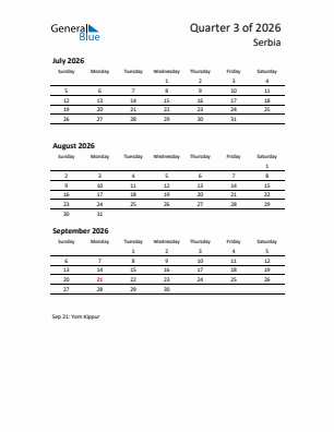 Serbia Quarter 3  2026 calendar template