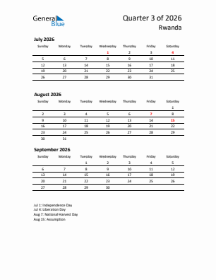 Rwanda Quarter 3  2026 calendar template