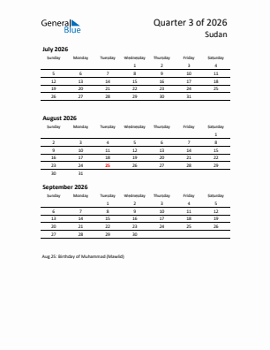Sudan Quarter 3  2026 calendar template