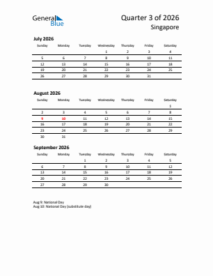 Singapore Quarter 3  2026 calendar template