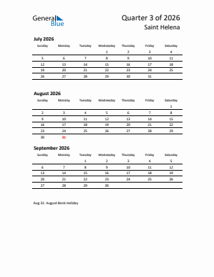 Saint Helena Quarter 3  2026 calendar template