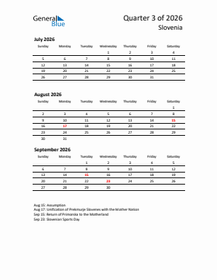 Slovenia Quarter 3  2026 calendar template