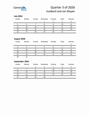 Svalbard and Jan Mayen Quarter 3  2026 calendar template