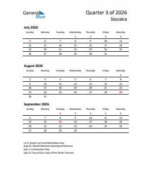 Slovakia Quarter 3  2026 calendar template