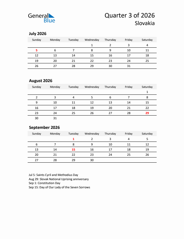 2026 Q3 Three-Month Calendar for Slovakia