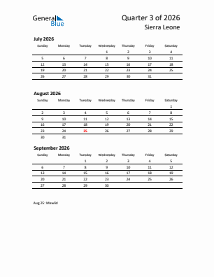 Sierra Leone Quarter 3  2026 calendar template