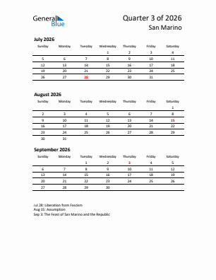 San Marino Quarter 3  2026 calendar template