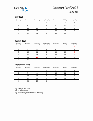 Senegal Quarter 3  2026 calendar template
