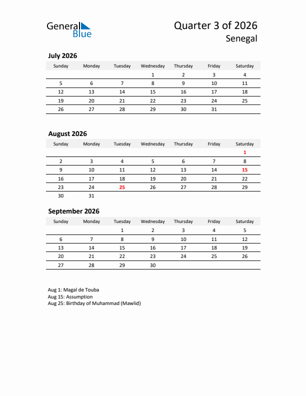 2026 Q3 Three-Month Calendar for Senegal