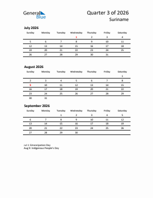 Suriname Quarter 3  2026 calendar template