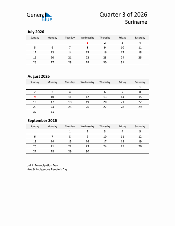 2026 Q3 Three-Month Calendar for Suriname