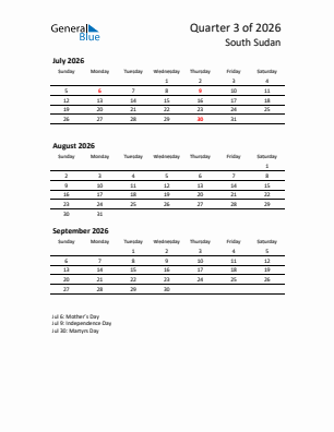 South Sudan Quarter 3  2026 calendar template