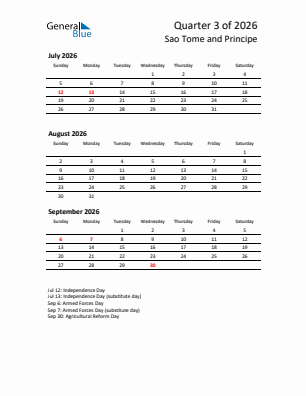 Sao Tome and Principe Quarter 3  2026 calendar template