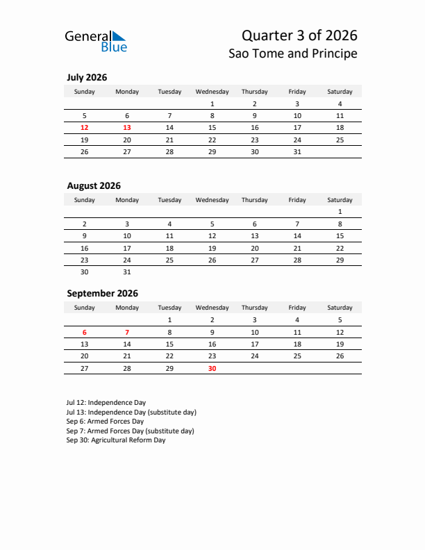 2026 Q3 Three-Month Calendar for Sao Tome and Principe