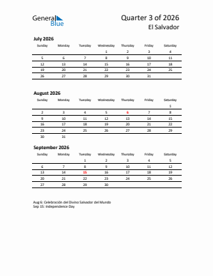 El Salvador Quarter 3  2026 calendar template