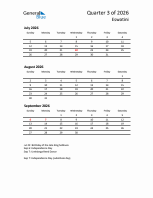 Eswatini Quarter 3  2026 calendar template