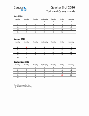 Turks and Caicos Islands Quarter 3  2026 calendar template