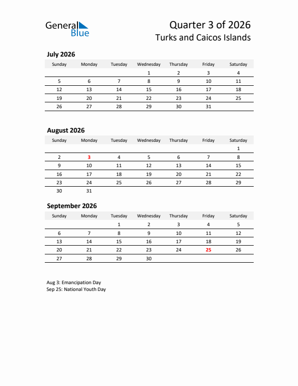 2026 Q3 Three-Month Calendar for Turks and Caicos Islands