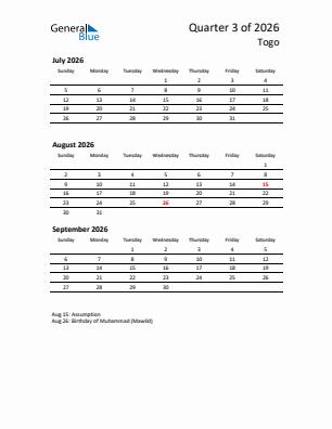 Togo Quarter 3  2026 calendar template