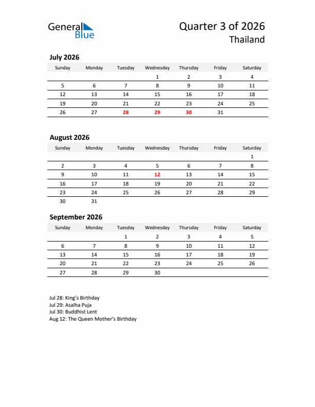 2026 Q3 Three-Month Calendar for Thailand