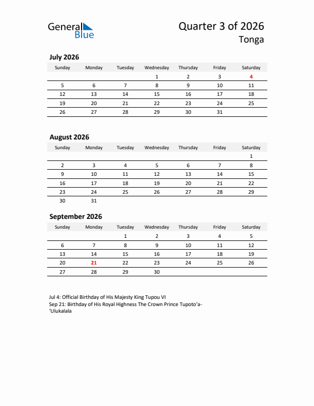2026 Q3 Three-Month Calendar for Tonga