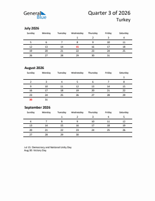 Turkey Quarter 3  2026 calendar template