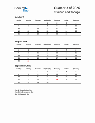 Trinidad and Tobago Quarter 3  2026 calendar template