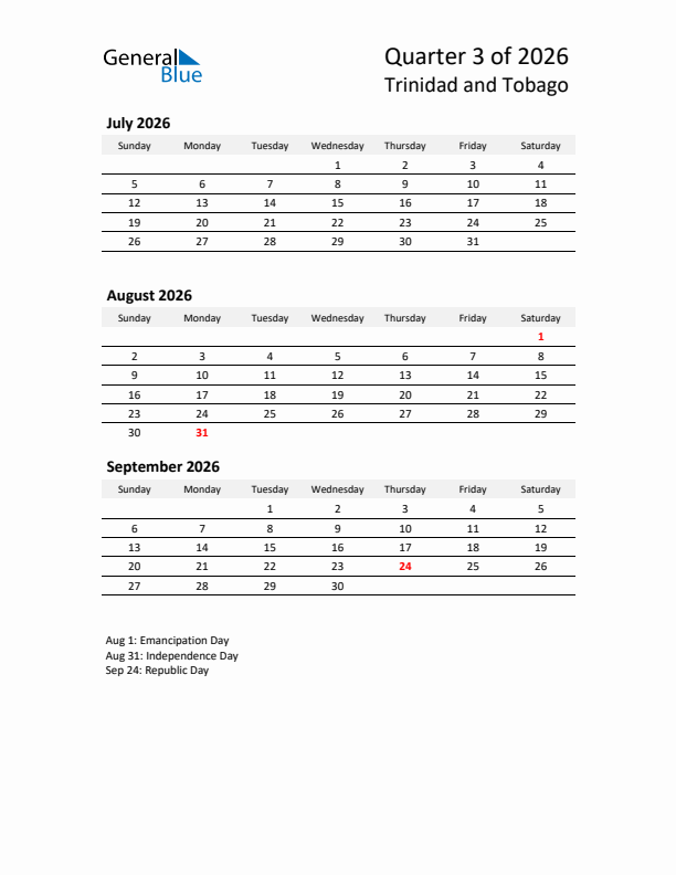 2026 Q3 Three-Month Calendar for Trinidad and Tobago