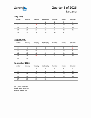 Tanzania Quarter 3  2026 calendar template