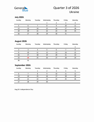 Ukraine Quarter 3  2026 calendar template