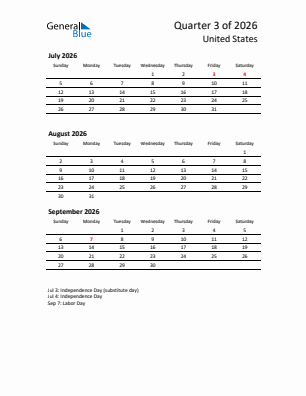 United States Quarter 3  2026 calendar template