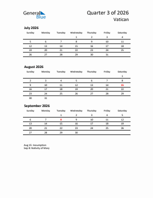 Vatican Quarter 3  2026 calendar template