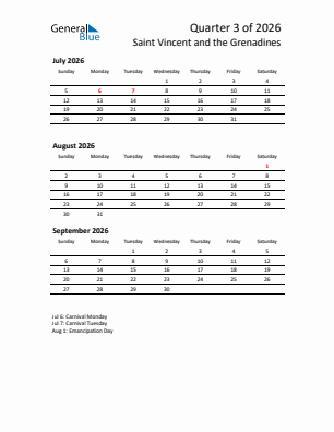 Saint Vincent and the Grenadines Quarter 3  2026 calendar template
