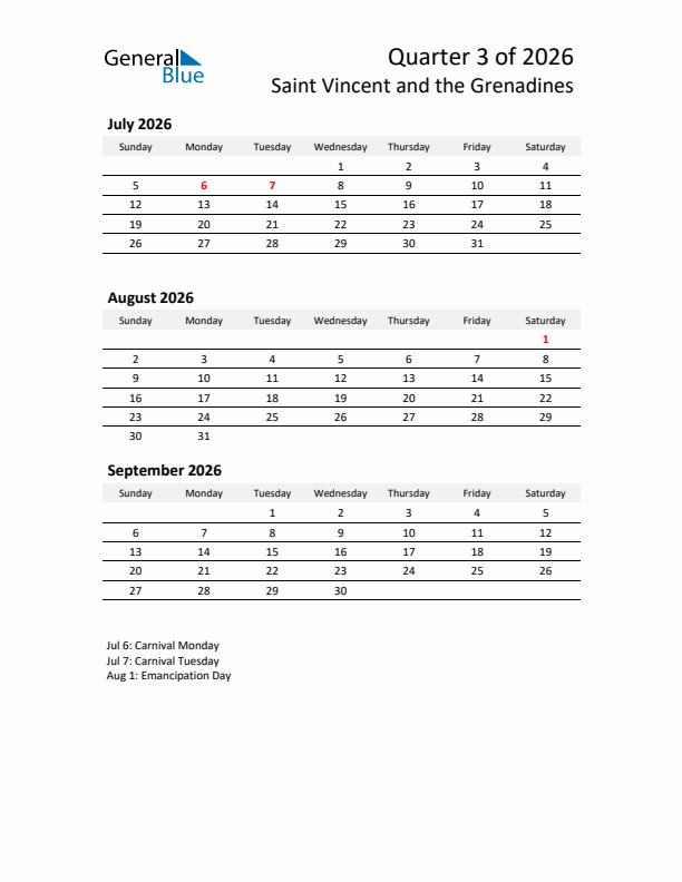 2026 Q3 Three-Month Calendar for Saint Vincent and the Grenadines