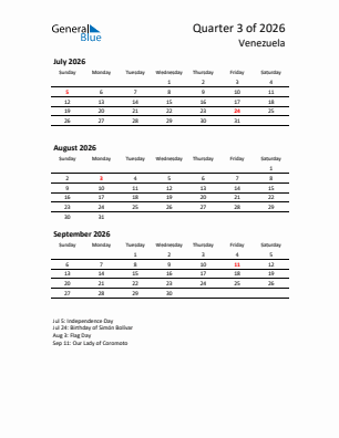 Venezuela Quarter 3  2026 calendar template