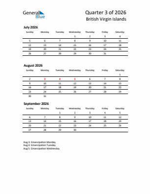 British Virgin Islands Quarter 3  2026 calendar template