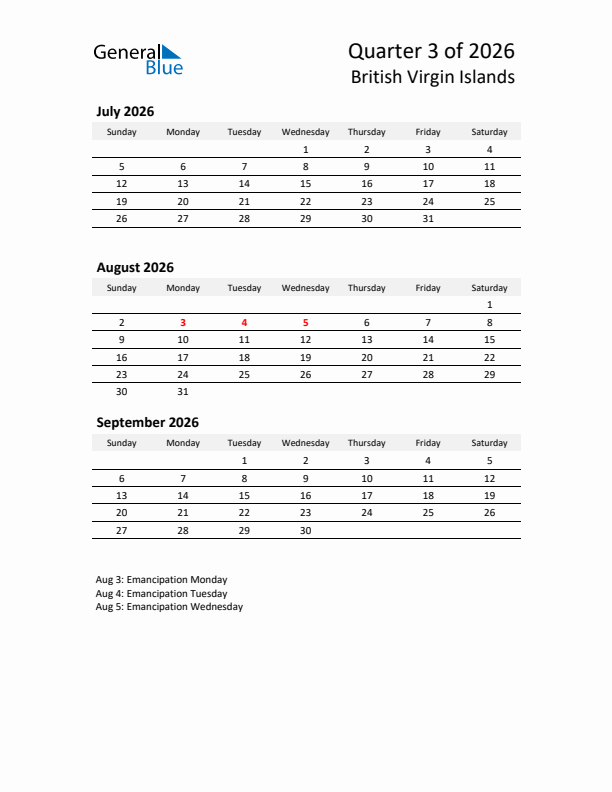 2026 Q3 Three-Month Calendar for British Virgin Islands