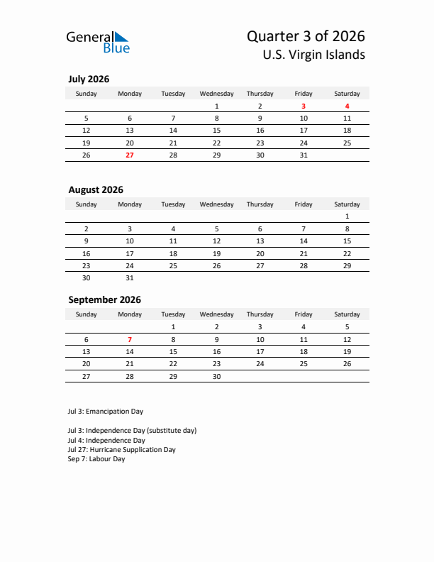 2026 Q3 Three-Month Calendar for U.S. Virgin Islands