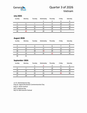 Vietnam Quarter 3  2026 calendar template